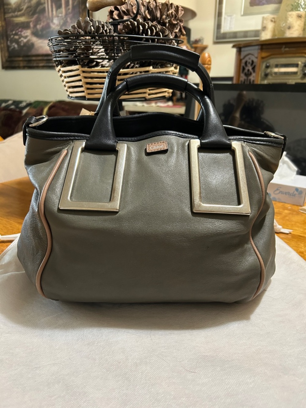 Chloé Ethel Gray Leather Satchel with Black Handles and Tan Piping